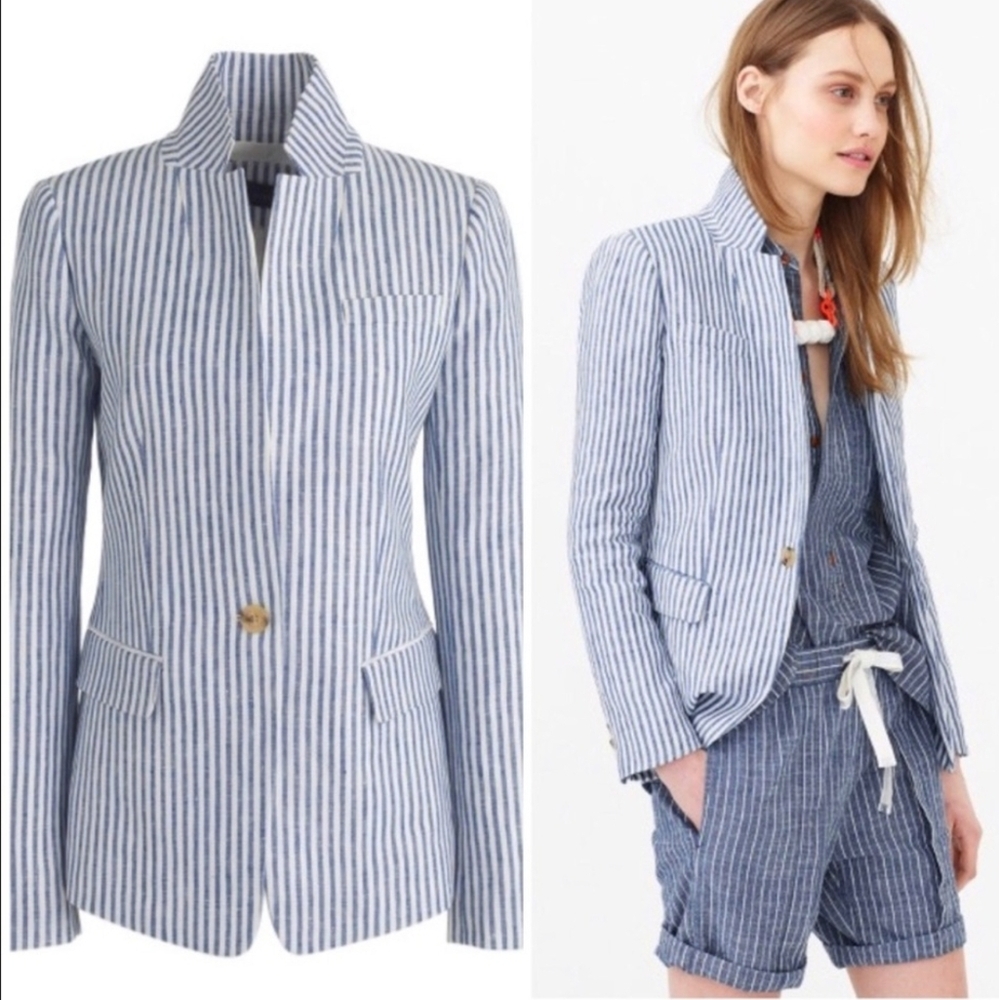 J. Crew Blue and White Striped Linen Blend Blazer
